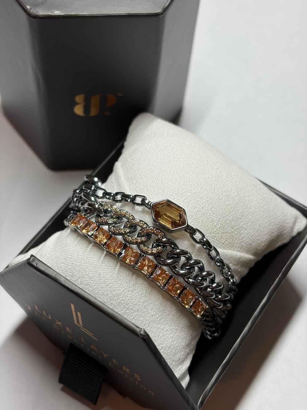 Bomb Party Luxe Layers WE LOVE TO SEE A QUEEN Dark Smokey Topaz CZ Hematite